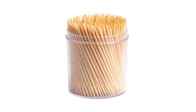 Clear container filled with many light beige toothpicks Isolated on solid white background Png
