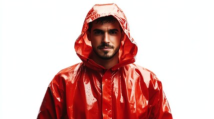 a man wearing emergency rain poncho clipart, flood prep gear, photorealistic texture and pose, isolated on white background