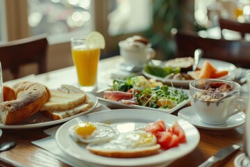 Delicious breakfast served on wooden table with orange juice, cappuccino, fried eggs, bacon and salad