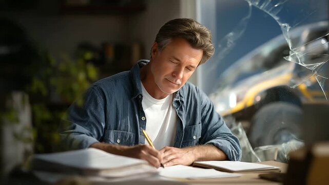 Collision adjuster documenting details with claim form and tow truck