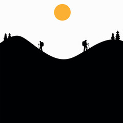 Silhouetted hikers ascend twin hills under a bright sun in monochrome landscape
