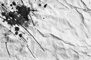 Crumpled paper texture with ink spots, high resolution vintage monochrome damaged retro effect, abstract background suitable for art design, creative projects or scrapbooking.