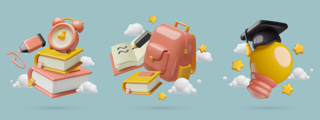 Education 3d vector illustrations set with backpack, light bulb, student cap, books and alarm clock.