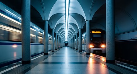 Modern Underground Subway Station with Bright Lighting and Moving Trains