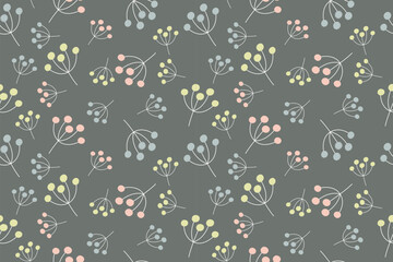 Pastel floral pattern on gray background with delicate stems and leaves, seamless and decorative