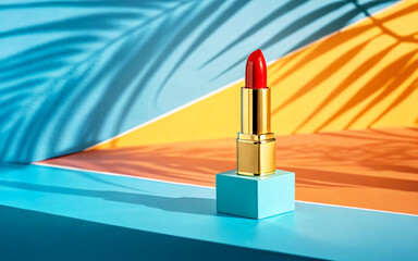 red lipstick on a blue