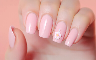 Pink Manicured Nails with Flower Accent