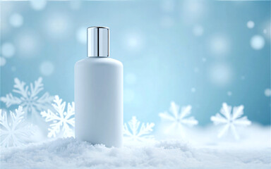Cosmetic Bottle on Snowflakes Background