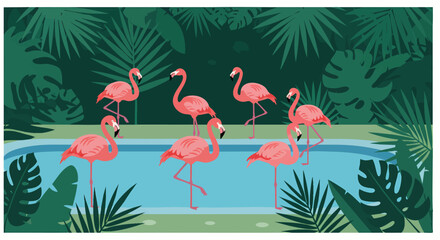 Pink Flamingos in Tropical Pool Exotic Vector Art