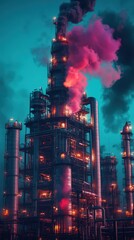 Industrial landscape illuminated by vibrant hues at dusk creating an atmospheric spectacle
