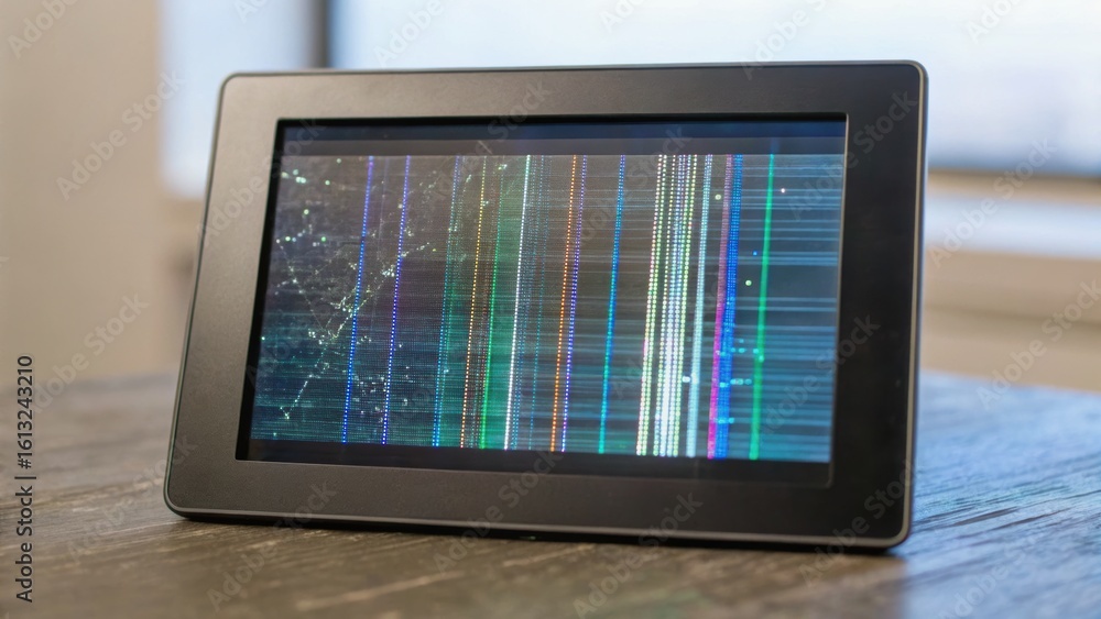 Poster a digital display showing digital noise and data corruption, set on a wooden surface with blurred ba