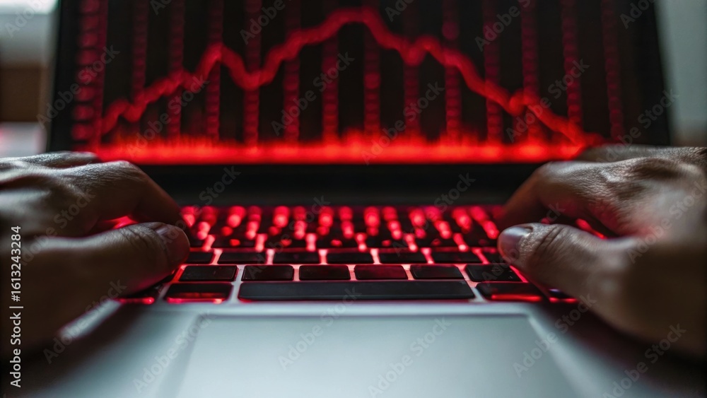 Poster hands typing on a laptop with a glowing red keyboard, displaying a financial graph on the screen, su