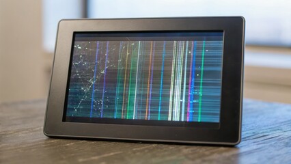 A digital display showing digital noise and data corruption, set on a wooden surface with blurred background.