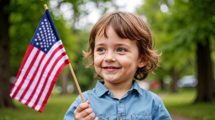 Adorable child holds American flag, celebrating patriotic day in park. Little boy waving American flag displays patriotism and pride in nation. Symbol American flag for video projects. - Powered by Adobe