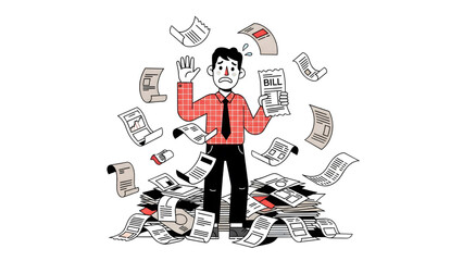 stressed person worried and surrounded by  bills, unpaid debts and finance  Man Drowning in Unpaid Bills and Invoices vector art