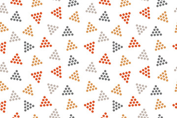 Dotted triangle pattern in orange, gray, blue and yellow on white, playful and geometric design