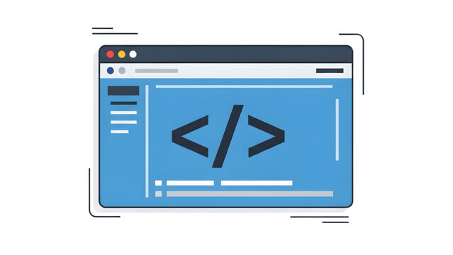 Code Screen: Blue Monitor with '</>' Symbol and Colorful Dots Digital Workspace Clipart: Abstract Code Display for Tech Themes