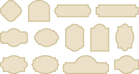 Elegant vintage labels with ornate frames in cream beige and brown color. Classic tags with decorative border for handmade branding and rustic packaging. Set of vector designs with blank space