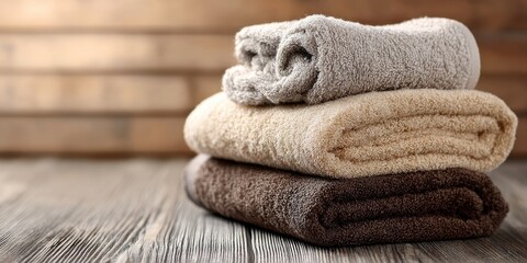 Stack of Soft Beige and Brown Towels Neatly Folded and Arranged on a Wooden Table in Bathroom Decor