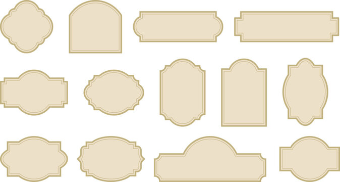 Elegant vintage labels with ornate frames in cream beige and brown color. Classic tags with decorative border for handmade branding and rustic packaging. Set of vector designs with blank space