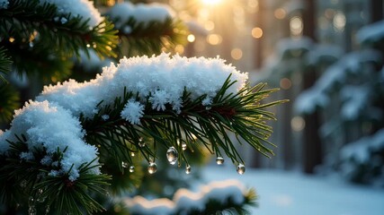 Snow scene shows glistening pine branches covered in snow. Winter scene displays a forest setting with melting snow creating small droplets hanging off needles. - Powered by Adobe