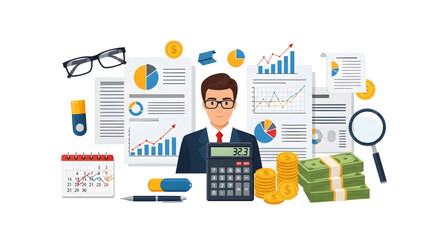 inancial Tools and Charts Vector Art of Desk with Charts, Calculator, and Cash "Corporate Finance Illustration: Magnifying Glass, Documents, and Stacks of Money
