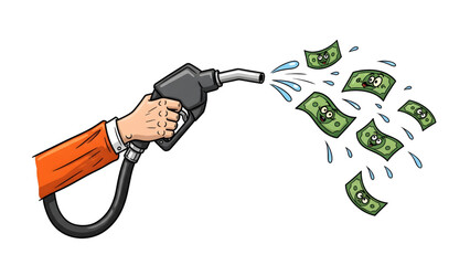 Fuel Costs Crisis Vector - Money Flowing from Gas Pump Nozzle Expensive Fuel Concept Art Gas Price hike