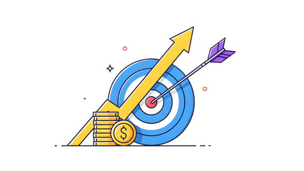 Bullseye Profit Vector – Upward Arrow & Gold Stack  Growth Finance Icon – Target, Coins, Crimson Arrow Financial Target Investment Success Infographic