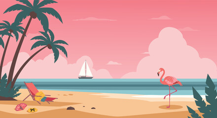 Obraz premium Tropical beach sunset with flamingo and sailboat
