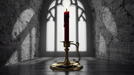 Gothic Red Candle in Brass Holder by Arched Church Window