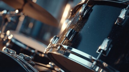 Close-Up Detail of a Drum Set with Chrome Hardware and Moody Lighting
