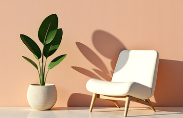white armchair sits intimately beside potted green succulent warm textured wall soft afternoon sunlight