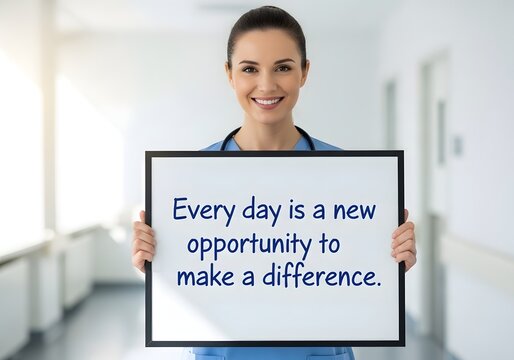 Smiling nurse holding a whiteboard with inspirational quote about making a difference in healthcare