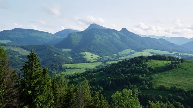Timelapse Zoom into Carpathian Landscape with Moving Clouds over Distant Mountain Peaks