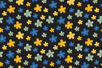 Colorful floral pattern with yellow, blue and green blooms on black background, seamless and bold