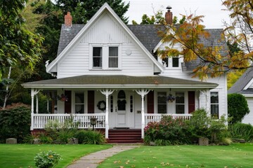 Picturesque victorian style house boasting a welcoming covered porch, surrounded by a vibrant green lawn and colorful autumn foliage