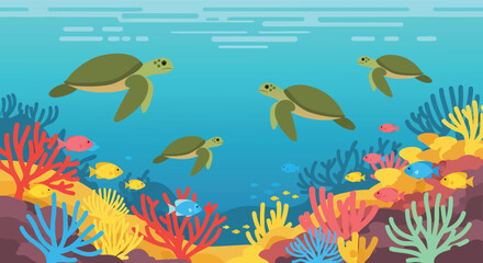 Obraz premium Underwater Sea Turtles Vibrant Coral Reef Illustration