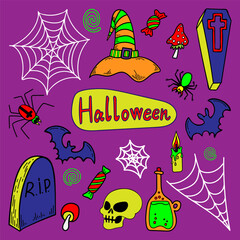 Halloween scary set elements. Hand drawn color flat vector. Holiday card. Spirits day. Witch items, poison. Cemetery, coffin, tombstone, skeleton skull. Bats, spiders. Illustration doodle line art.
