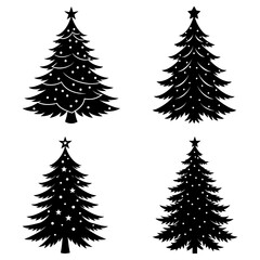 Obraz premium Four christmas trees with star toppers and decorative lights in a black and white vector illustration