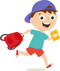 Schoolboy runs with a backpack and a notebook on a white background. Back to school character