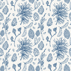 Seamless vintage botanical pattern with forest cones and twigs in line art style