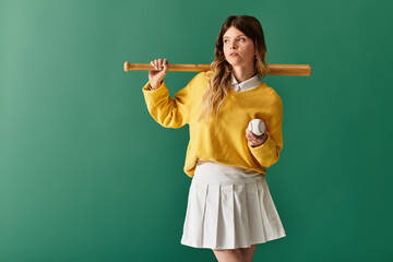 Young woman in yellow sweater and skirt poses confidently with baseball bat and ball