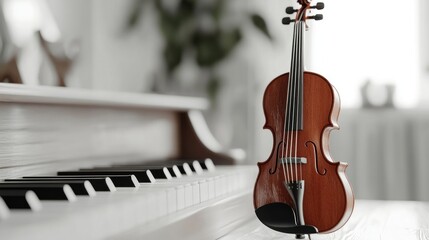 Harmonic convergence, violin and piano keys in a softly lit interior