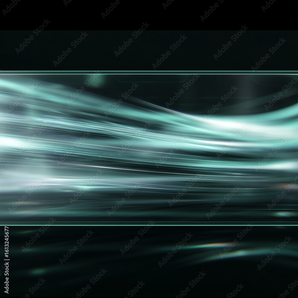Poster dynamic abstract streaks of teal light flow across a futuristic, high-tech digital interface design