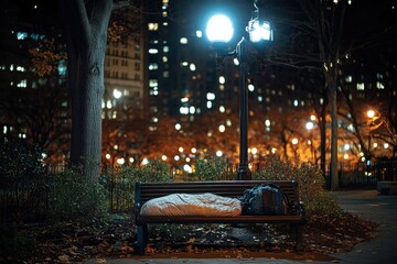 A homeless person sleeps on a park bench at night, under a streetlight, with a backpack beside them