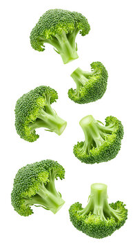 Falling broccoli pieces PNG. Broccoli slices falling from the top for organic vegetable campaign full of vitamins. Broccoli slices flying png. Broccolis piece falling isolated