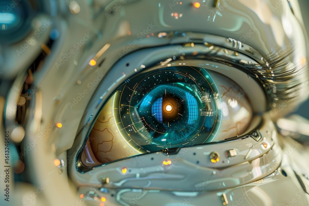 Poster close up of a futuristic cyborg eye displaying digital data, showcasing advanced technology and arti