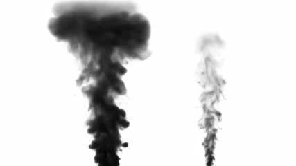 Dynamic Black and Gray Smoke Plumes Rising on White Background, Abstract Fluid Motion and Ink Swirls, Contrast Concept - Powered by Adobe