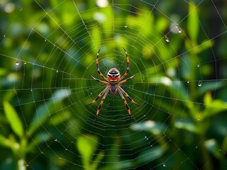 Rainbow-colored spider sitting in circular web 4K

