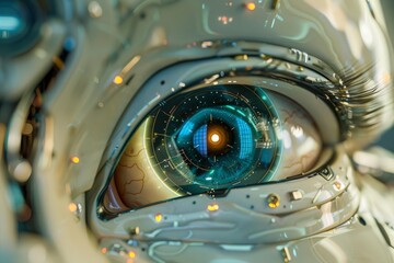 Close up of a futuristic cyborg eye displaying digital data, showcasing advanced technology and artificial intelligence